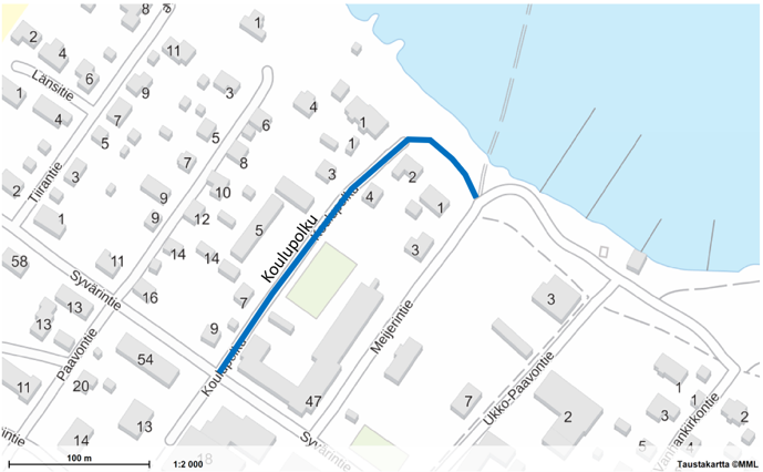 Nilsiä Koulupolku saneerattava alue merkattu karttaan sinisellä viivalla.